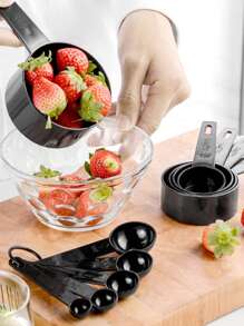 5pcs/10pcs Plastic Baking Measuring Cups And Spoons Set, 10 Pieces Black Plastic Measuring Cups And Spoons Set With Measurement Markings - Black - View 5