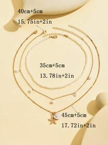 3 件套人造珍珠、流苏、宝石、贝壳吊坠金链项链，适合女士多层颈链，适合休闲、海滩和日常佩戴