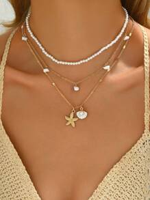 3 件套人造珍珠、流苏、宝石、贝壳吊坠金链项链，适合女士多层颈链，适合休闲、海滩和日常佩戴