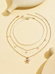 3 件套人造珍珠、流苏、宝石、贝壳吊坠金链项链，适合女士多层颈链，适合休闲、海滩和日常佩戴