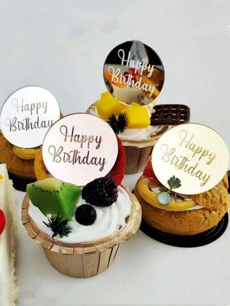 10pcs Rose Gold Happy Birthday Acrylic Cake Topper Crown Cupcake Wrapper Party Decoration,Christmas