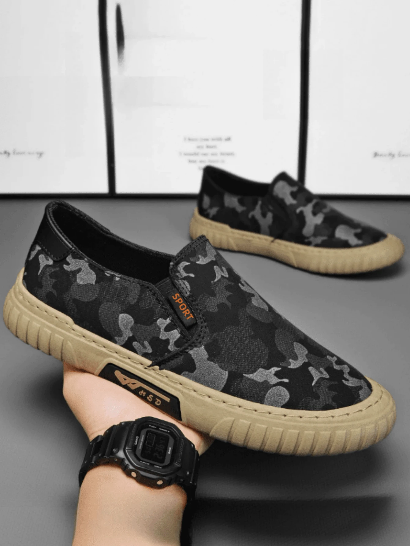 Breathable Camouflage Fashionable Men's Slip-On Casual Shoes, Non-Slip And Wear-Resistant Work Shoes, Slouchy Loafers And Sports Shoes (Random Floral Pattern)