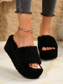 Dép lê nữ thời trang thu/đông đế dày, lông xù, cỡ lớn, dép bông. - màu đen - Xem 5