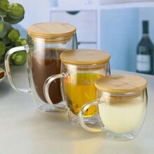 1/2/4 件 250ml/350ml 双层玻璃咖啡杯带手柄，隔热耐热，竹盖，适用于早餐、水、牛奶 - 新款保温玻璃杯返校