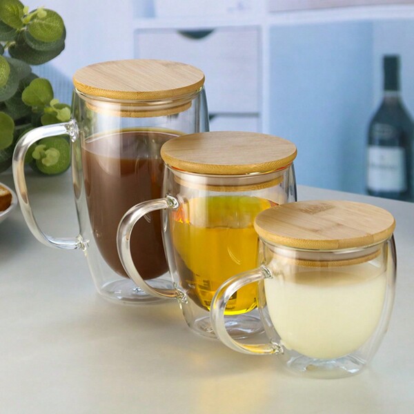 1/2/4 piezas Taza de café de vidrio de doble pared de 250ml/350ml con asa, aislada y resistente al calor, tapa de bambú, para desayuno, agua, leche - Taza térmica de vidrio novedosa para volver al colegio