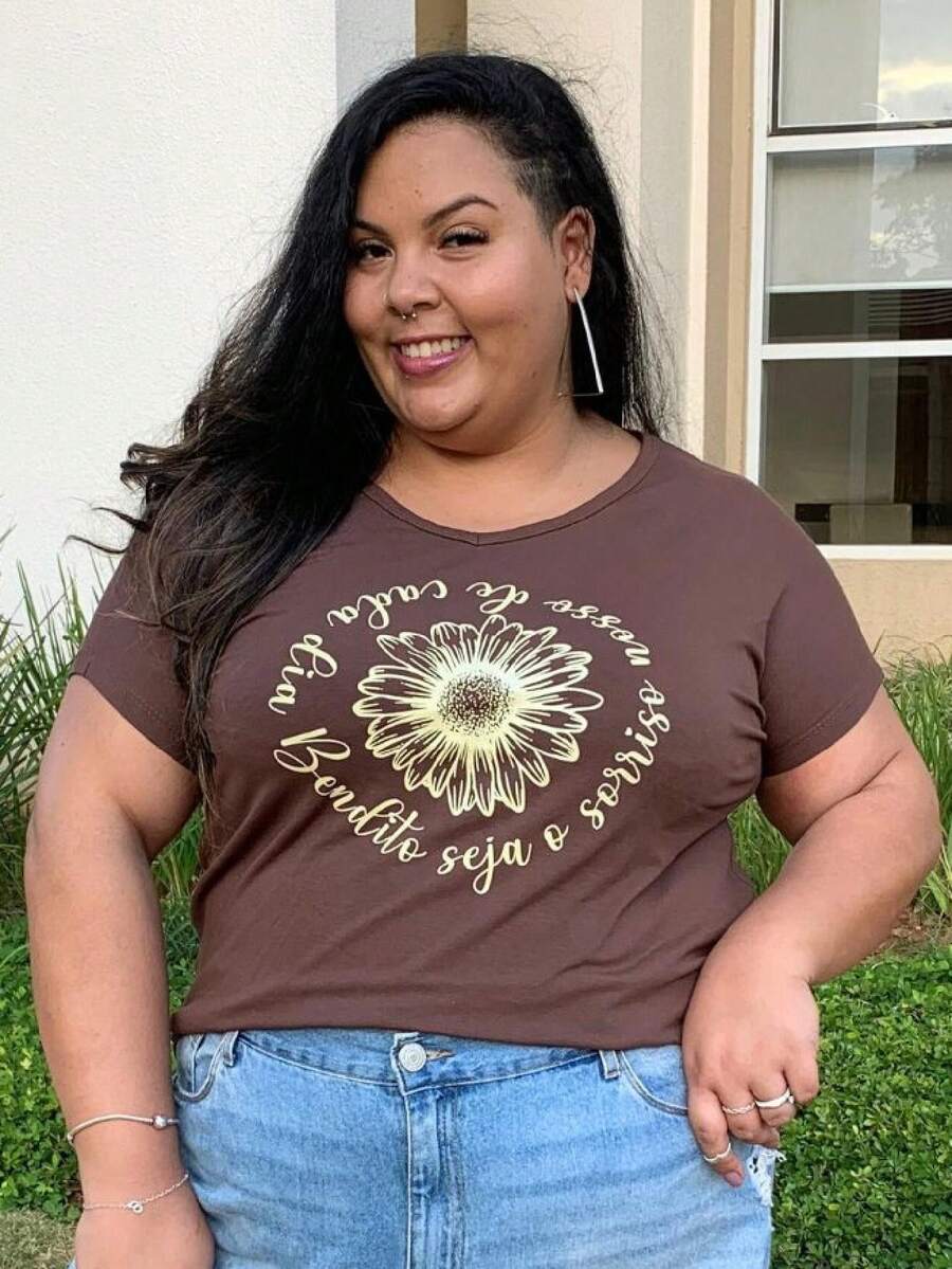 Women's Plus Size Printed T-Shirt V-Neck GG G1 G2 G3, Lightweight Fabric, Great Fit And Comfort. - 摩卡棕 - 查看 1