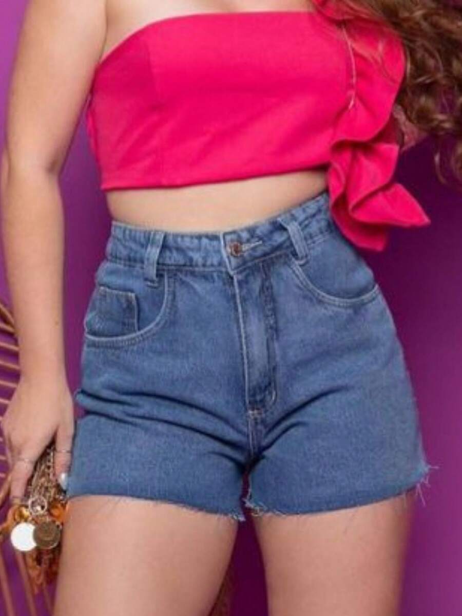 Women's High Waist Jean Shorts - Rửa trung bình - Xem 1
