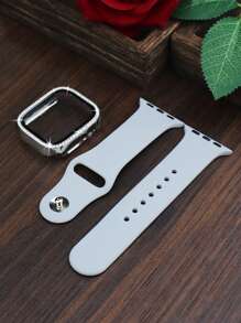 Compatible With Apple Watch Band And Case Combination Set Fashion, Sport, Soft And Comfortable Rivet Buckle Silicone Strap + Shiny Diamond-Studded Anti-Drop And Scratch-Resistant PC Case With Tempered Glass Film Integrated Case Compatible With Apple Watch 38/40/41/42/44/45/46/49MM Replacement Strap Case Compatible With Apple Watch Series Ultra/10/9/8/7/6/5/4/3/SE Women's Strap Case