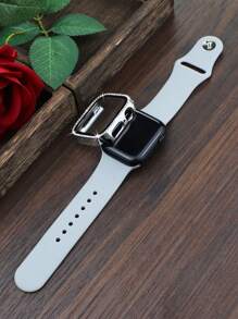Compatible With Apple Watch Band And Case Combination Set Fashion, Sport, Soft And Comfortable Rivet Buckle Silicone Strap + Shiny Diamond-Studded Anti-Drop And Scratch-Resistant PC Case With Tempered Glass Film Integrated Case Compatible With Apple Watch 38/40/41/42/44/45/46/49MM Replacement Strap Case Compatible With Apple Watch Series Ultra/10/9/8/7/6/5/4/3/SE Women's Strap Case