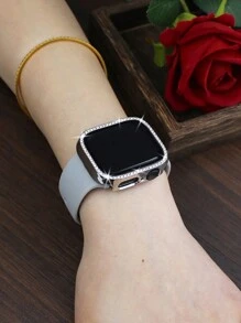 Compatible With Apple Watch Band And Case Combination Set Fashion, Sport, Soft And Comfortable Rivet Buckle Silicone Strap + Shiny Diamond-Studded Anti-Drop And Scratch-Resistant PC Case With Tempered Glass Film Integrated Case Compatible With Apple Watch 38/40/41/42/44/45/46/49MM Replacement Strap Case Compatible With Apple Watch Series Ultra/10/9/8/7/6/5/4/3/SE Women's Strap Case