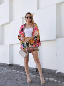 Women's 2 Pc Set (Kimono + Short Skirt) Fashion, Print - Flowers, Leaves, Birds. . Crepe Fabric, One Size 38 Fits 42, - 黑色 - 查看 2