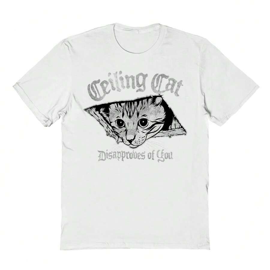 Haywood & Main Ceiling Cat Disapproves Cats Unisex Graphic Cotton Short-Sleeve T-Shirt - White - View 1