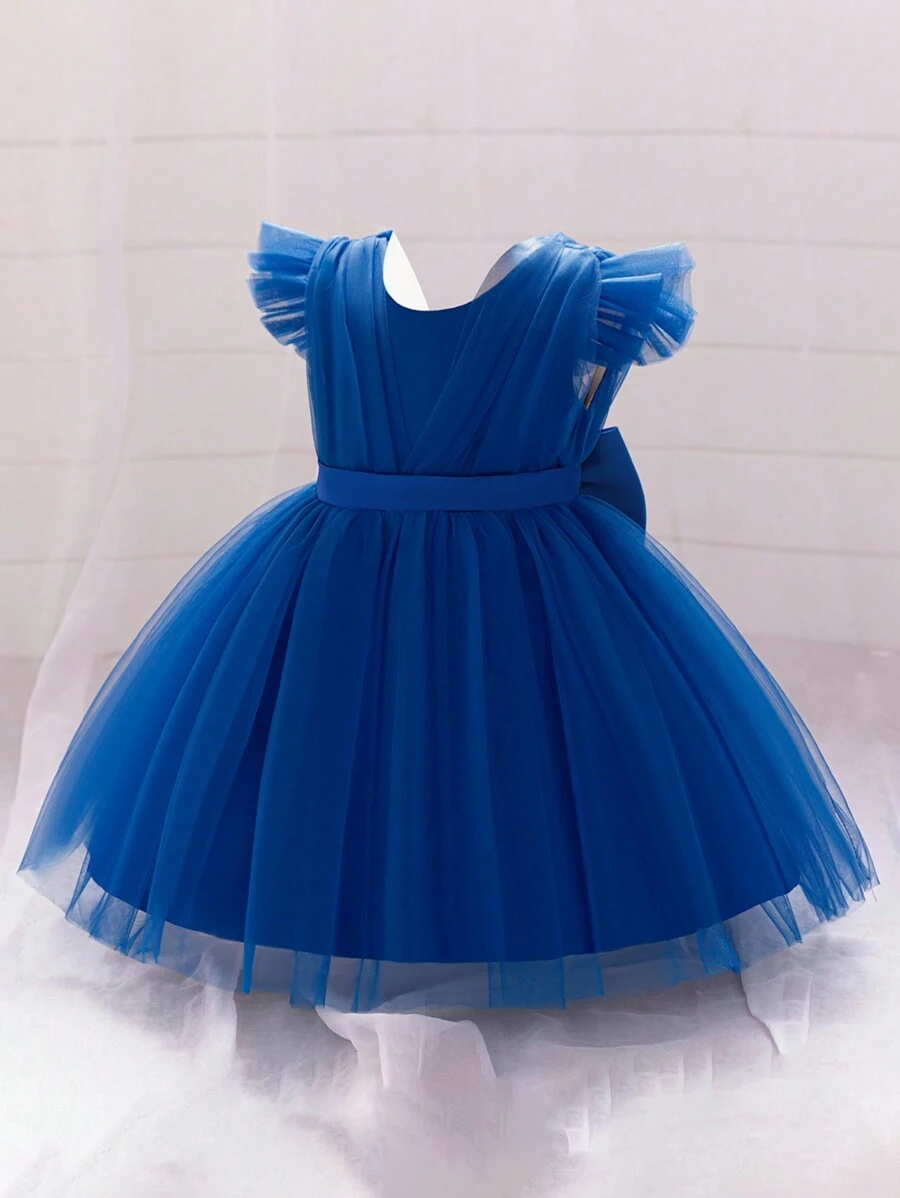 Vestido elegante de princesa para niña con lazo y espalda de malla, adecuado para fiestas, diadema no incluida - azul real - Ver 1