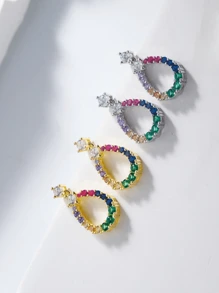 Water Drop Hollow Rhinestone Inlaid Colored Cubic Zirconia Stud Earrings For Girl, Fashionable And Simple Pure Silver Jewelry - one-size - View 4