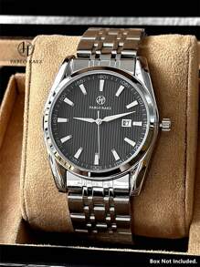 Pablo Raez 1pc Men's Watch Famous Brand New Luxury IPS Silver Plated Stainless Steel Case 50M Water Resistant Simple Calendar Clock Men's Solid Steel Metal Bracelet Heavy Chain Casual Fashion Quartz Watch For Man Arabic Numeral & Steel Bar Scales Black White Dial With Date High Level AAA Business Wristwatch For Daily Use Gift For Father Or Male Friend Birthday Presents - Black - View 2