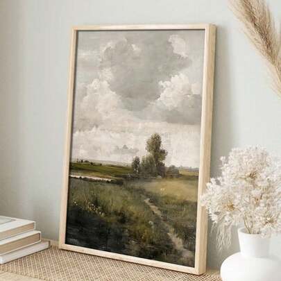 1幅复古风景油画帆布印刷品，暖色调自然海报艺术，适合夏季、法式乡村农舍风格装饰，无框