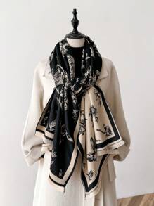 1件装女士双面仿羊绒花卉提花保暖围巾/披肩，适合日常佩戴，秋冬季 - 黑色 - 查看 2