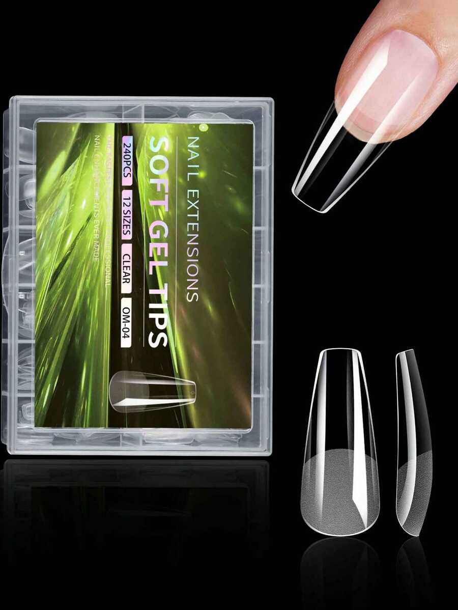 240 片全覆盖按压式指甲贴细高跟杏仁方形棺材法式假指甲可剥凝胶延长指甲贴胶囊 DIY 按压式指甲美甲用品 - 無色 - 查看 1