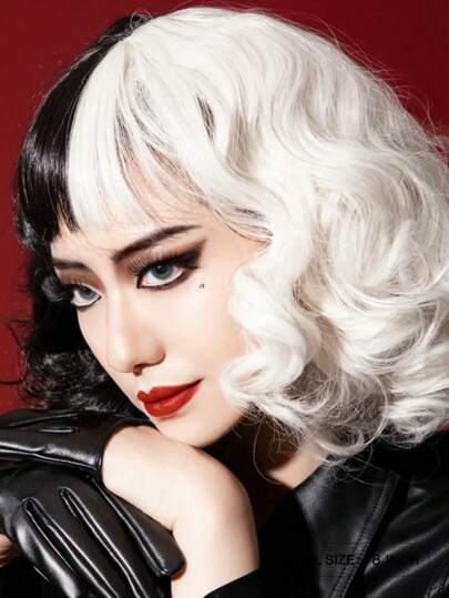 黑白波浪假发，适合电影主题角色扮演，采用耐热合成纤维，配有搭扣网帽，佩戴稳固，灵感源自斑点狗设计 - 粘胶纤维材质