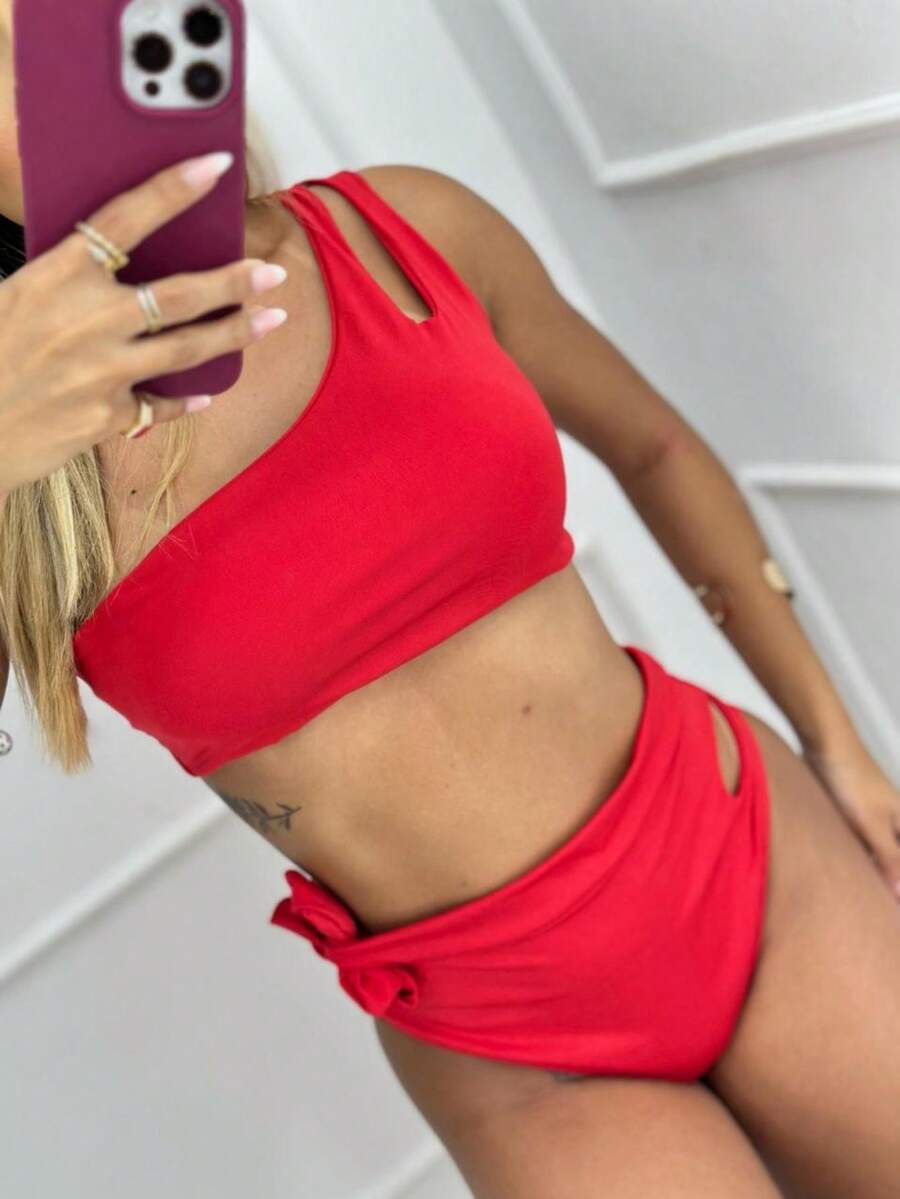 Women's Bikini Set Mula Manca High Waist With Tie Detail With Padded Bra Fashion Blogger Discreet Summer Beach Pool Travel - Đỏ - Xem 1