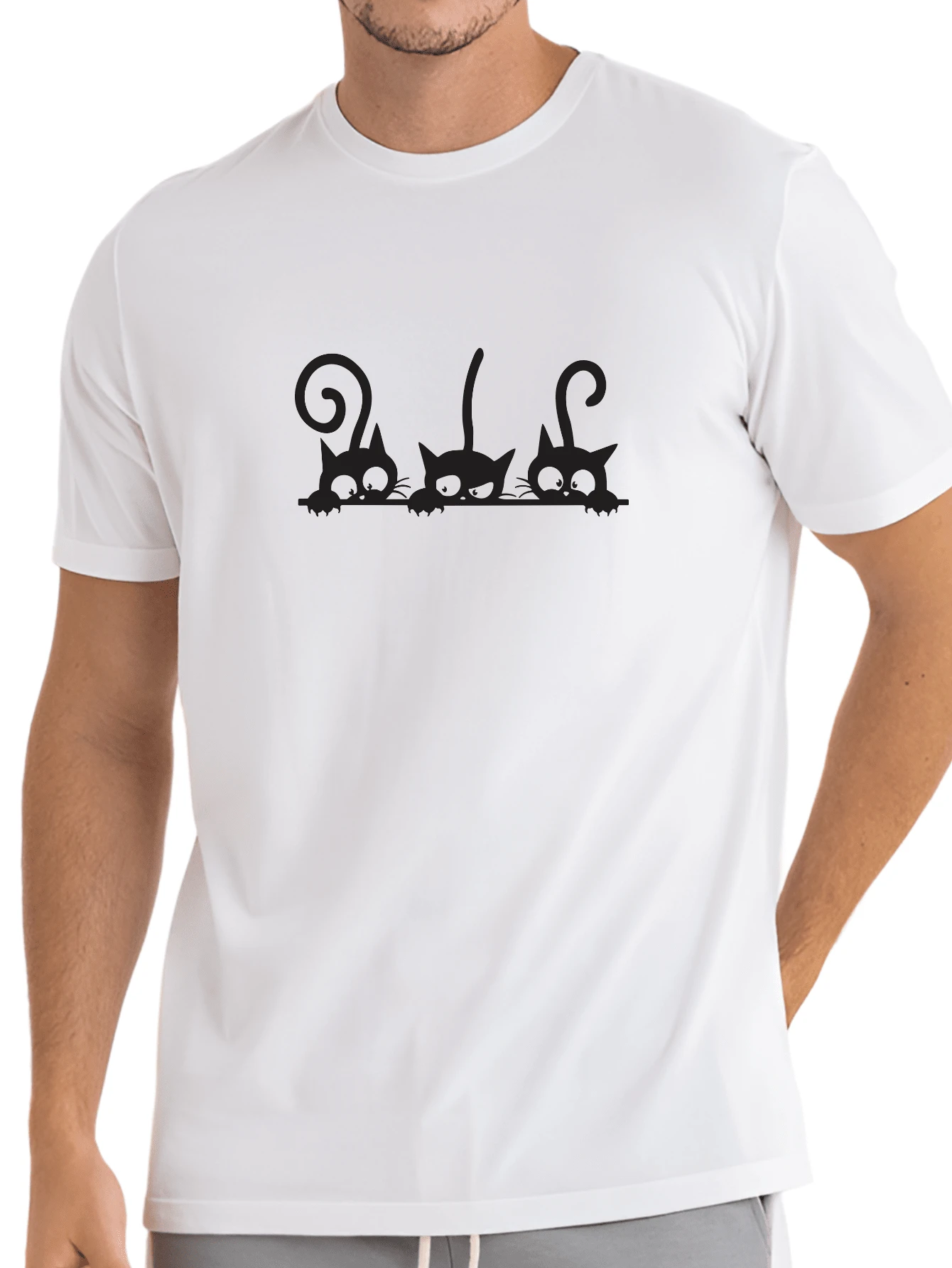 Unisex Cotton Three Cute Kitten T-Shirt Casual Men's Blouse - trắng - Xem 1