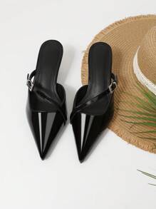 Women's Fashion Flared Kitten Heel Pointed Toe Closed-Back Slippers Sexy Mules Stilettos Black Pumps