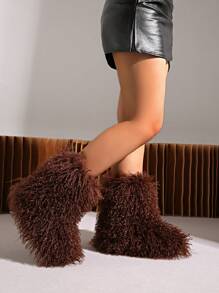 女士秋冬时尚保暖雪地靴，厚毛绒舒适保暖及膝靴，时尚一脚蹬街头靴