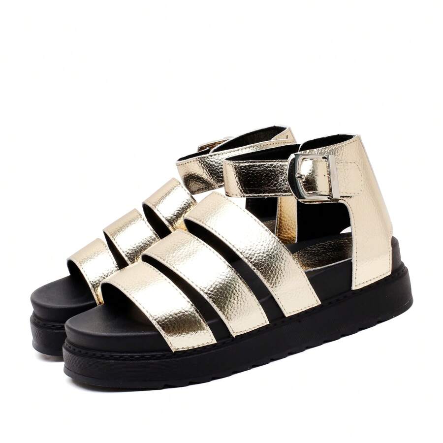 READY SALTED New Women's Sandals Buckle Casual Beach Shoes Thick Soles Large Size Flat Open Toe Travel Sandals - Gold - View 1