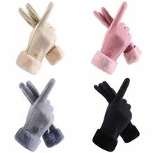 1pair Of Fuzzy Trim Winter Gloves Keep Warm For Daily Life - Suede + Rabbit Fur + Double Reinforcement Small Label - View 5