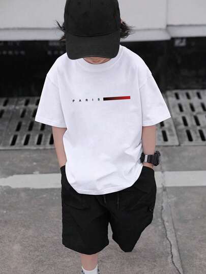 Tween Boy Casual White Print Crew Neck Short Sleeve T-Shirt For Summer