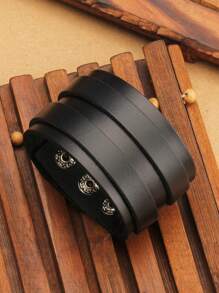 1件极简合金花朵铆钉皮革手链，朋克风格男女通用可调节手镯 - 黑色 - 查看 2