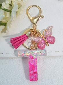 1pc English Letter Key Chain, European And American Style Charm Keychain With Butterfly Tassel Pendant Gift Souvenir Car Accessories Bag Charm School Cute Goth Y2k