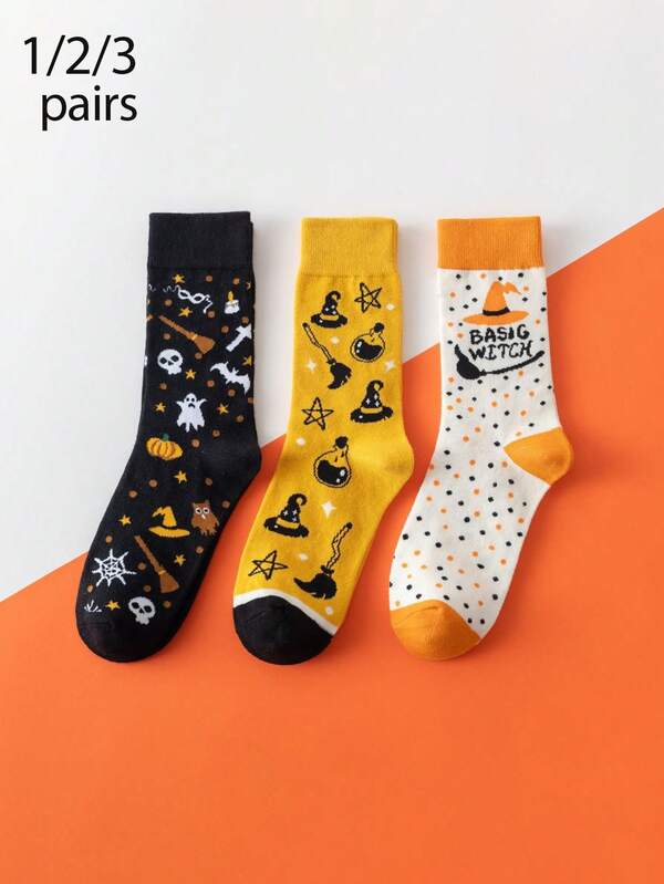 1/2/3 Pairs Women's Yellow & Black Combination Pumpkin, Skull, Witch Hat, Broom Patterned Socks, Couples Style, Breathable Knit Fabric, New For Autumn/Winter, Halloween, & Funny Crew Socks, Suitable For Home, Commute, Party, Back To School, Holiday Gift
