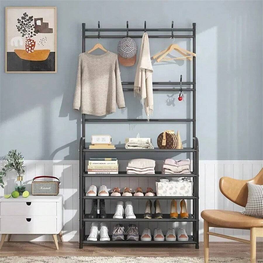 Shoe Rack Hanger Clothes Rack 4 Tiers Shelves 8 Multipurpose Supports - 黑色 - 查看 1