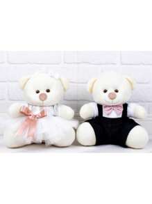 Couple Of Straw Teddy Bears Plush 18 Cm Black Page, White Flower Girl - 2 Pcs