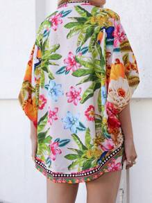 Women's 2 Pc Set (Kimono + Short Skirt), Print - Flowers, Leaves, Birds. . Crepe Fabric, One Size Fits 42, National Shipping, Promotion Day 11.11 Day 12.12 Refresh Your Summer, - 米色 - 查看 2