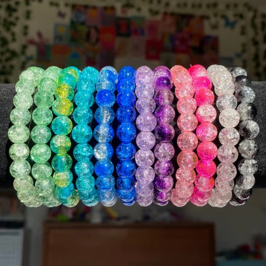 8mm Multicolor Glass Crackle Bead Handmade Beaded Friendship Bracelet Set For Women - Random Color 3 Strips - View 1