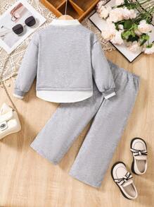 2 peças/conjunto de menina jovem cor sólida 2 em 1 conjunto casual top e calças, outono
