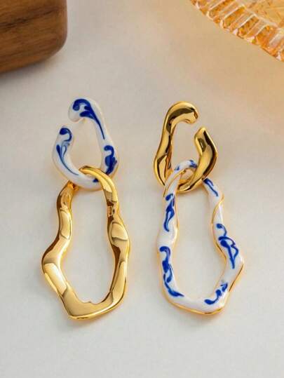 Blue And White Porcelain-Style Hollow Pendant Hoop Earrings, Elegant Jewelry Suitable For Women's Daily & Festival Wear