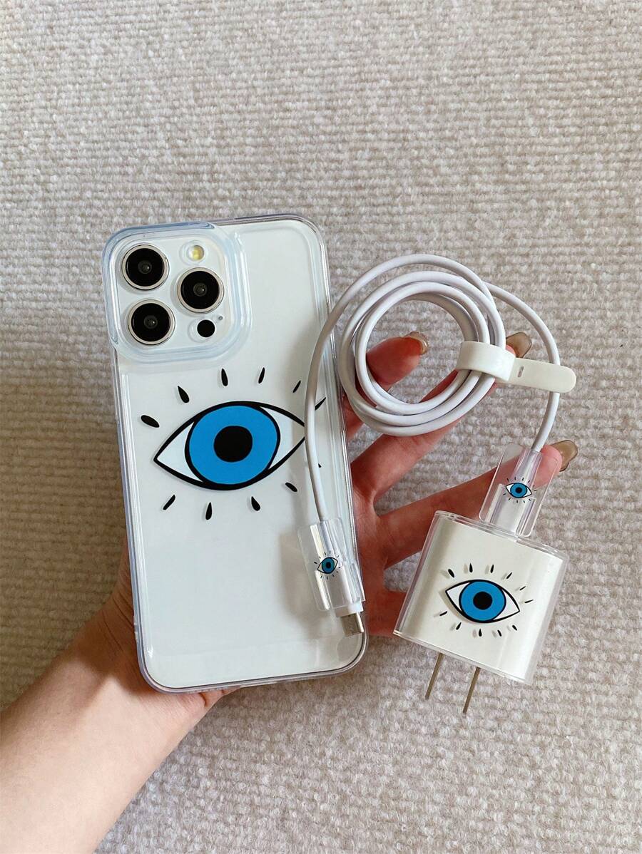 5 Pieces Phone Accessory Set: (1pc Full Camera Cover Phone Case) + (1pc Charger Case + 2pcs Port Protectors + 1pc Cable Organizer), Personalized Blue Eye Pattern, Compatible With IPhone7/8/7p/8p/X/Xs/Xr/Xsmax/11/11pro/11promax/12/12pro/12promax/12MINI/13/13pro/13promax/13MINI/14/14pro/14plus/14promax/15/15pro/15plus/15promax