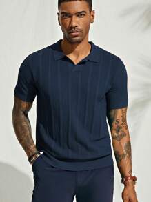 Polo a maniche corte in maglia blu navy uomo - motivo a costine verticali - comoda e alla moda per l'uso giornaliero e lo stile casual elegante