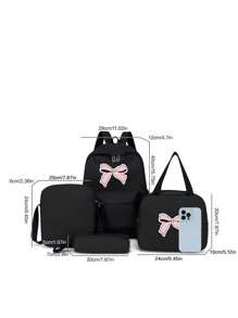 4 Pieces Set Back To School School Bag Set Simple Cute Large Capacity Backpack&Handbag&Crossbody Bag&Pencil Case Multi-Piece Backpack Set With Laptop Compartment Spacious Multi Pockets School Bag Casual Backpack Purse Solid Color Love Cat Pattern Print Premium Nylon School Backpack &With Adjustable Strap& Waterproof Bookbags Lightweight Portable Zipper Bag Pack Perfect For Graduate&Girls&Teen Girls Perfect For Outdoors & Travel &Junior High School& Senior High School&University Perfect For Any Occasion! - Black - View 2