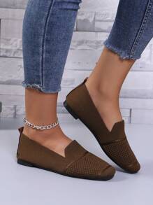 女士针织平底乐福鞋方头舒适透气休闲妈妈鞋，春秋季 - 棕色 - 查看 6