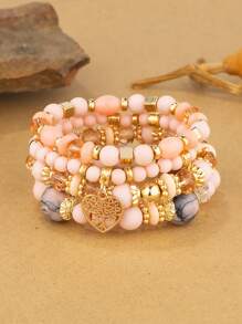 4 sztuki Boho Retro Style White Multi-Layer Pearl, Heart Pendant Women Bransoletki Zestaw