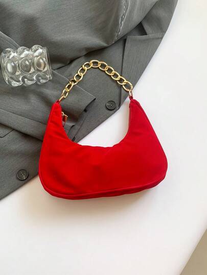 Bolso de mano de media luna con cadena metálica de unicolor con acabado de moda, bolso de mano tote de señoras multiusos con acabado mate vintage, bolso pequeño tipo baguette informal para mujeres