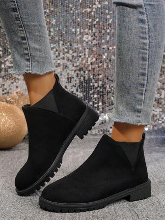 Women's Faux Suede Short Boots, Black Chunky Heel Casual Retro  Booties For Fall Winter