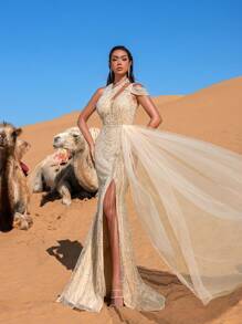 Faeriesty 高级魅力奢华不对称领口垂坠侧珠正式派对礼服和晚礼服连衣裙和装饰连衣裙 - 香檳色 - 查看 7