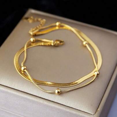 316L Stainless Steel Gold Plated Double Layer Anklet, Women Girls New Waterproof Jewelry Gift Party
