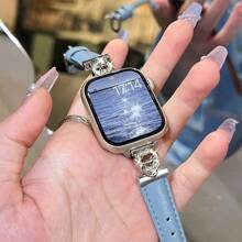 Creative Ocean Heart-Shaped Splicing Strap Design, Compatible With Apple Watch 9/8/7/6/5/4/3/2/S/Uitra High-End Leather Double Heart Strap, Adjustable Size 38/40/41/42/44/45/49mm, Fashionable Upgrade Leather Replacement Strap, Wristband