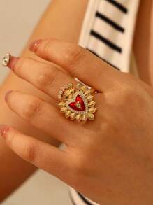 1pc Fashionable Creative Elegant Design Copper Inlaid Synthetic Asymmetric Teardrop Heart Ring, Suitable For Women, Sisters, Couples As Jewelry Gift, Also Suitable For Valentine's Day, Daily Gathering, Date, Party, Banquet, Wedding, Holiday, Summer Beach Vacation And Other Occasions, Red Accessory - Ring - View 21